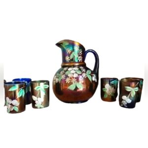 Fenton Iridescent Carnival Glass Pitcher and Tumblers - Multicolor Floral